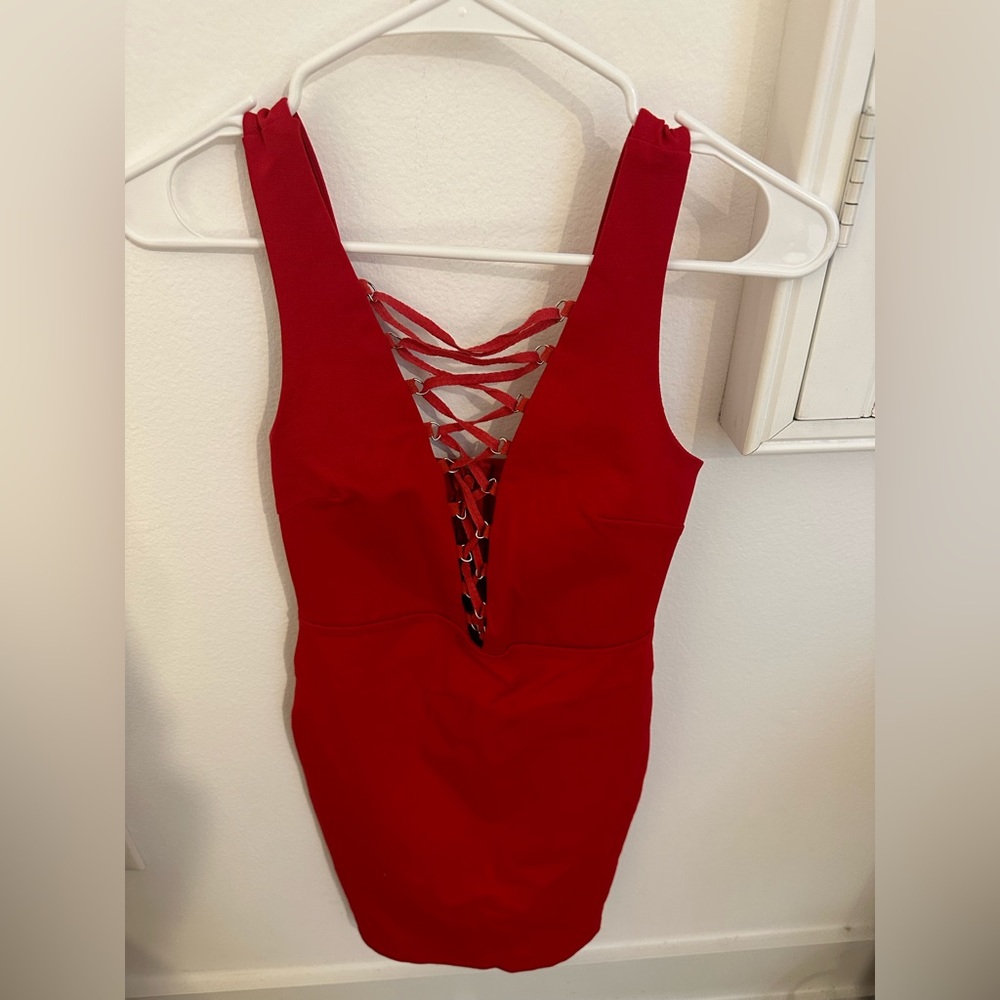 Red dress with strappy front statement